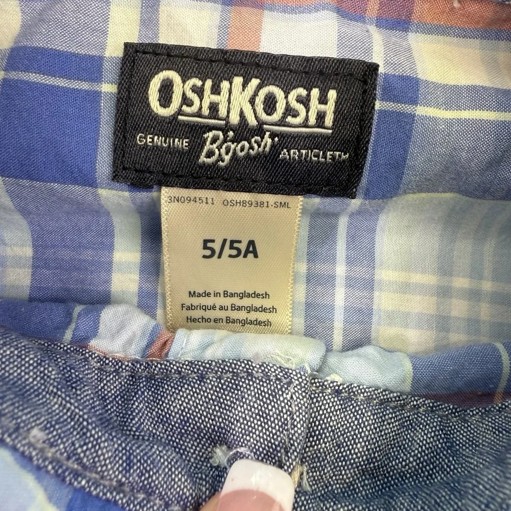 OshKosh B'Gosh Shirt Boys‎ Size 5 Blue/Coral Plaid Button-Up Long Sleeve
